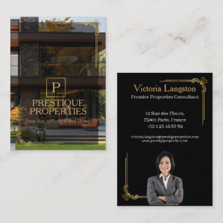 Luxury Black Gold Real Estate Photo Monogram Business Card