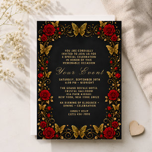 Luxury Black Gold Red Rose Butterfly Event Invitation