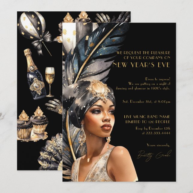 Luxury Black Gold Retro 1920 New Year Party Invitation (Front/Back)
