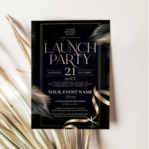 Luxury Black Gold Ribbon Cutting Launch Party Invitation