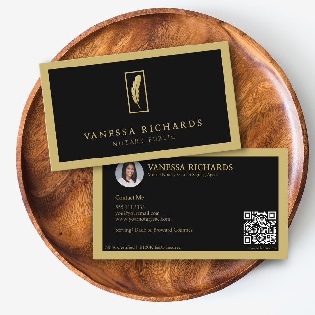 Luxury Black & Gold Scannable QR Mobile Notary Business Card (Creator Uploaded)