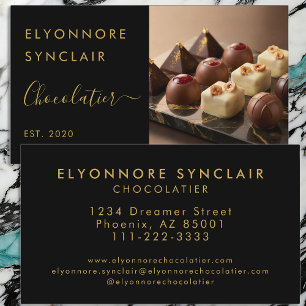 Luxury Black Gold Script Chocolatier Photo Business Card