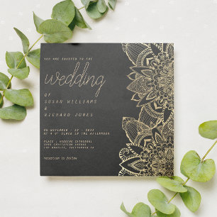 Luxury black gold script floral mandala wedding invitation