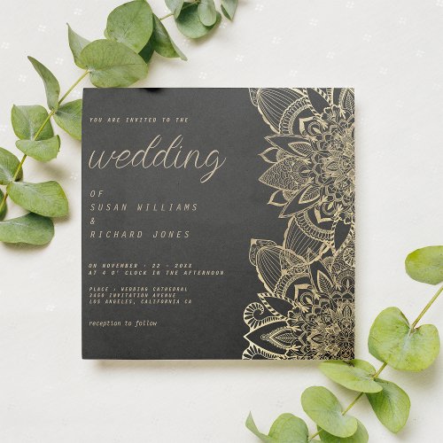 Luxury black gold script floral mandala wedding  invitation
