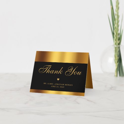 Luxury Black Gold Script Inside Photo Wedding Thank You Card