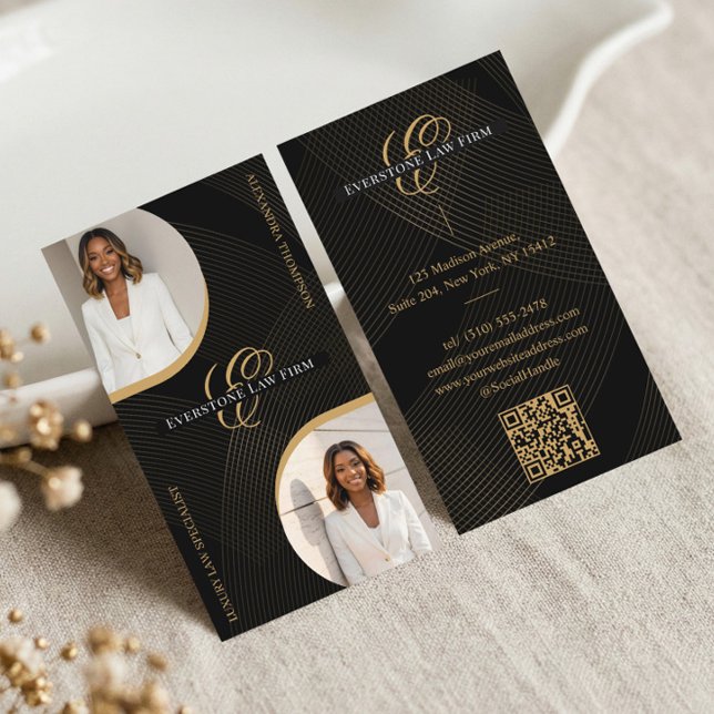Luxury Black Gold Script Monogram Law Firm Photo Business Card (Luxury Black Gold Script Monogram Law Firm Photo Business Card)