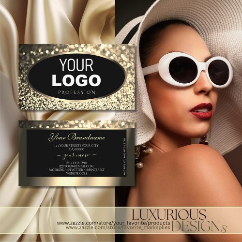 Luxury Black Gold Sparkling Glitter Add Logo Chic Business Card