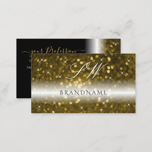 Luxury Black Gold Sparkling Glitter Stars Initials Business Card