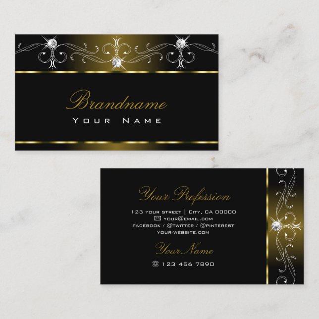 Luxury Black Gold Squiggles Sparkle Jewels Ornate Business Card (Front/Back)