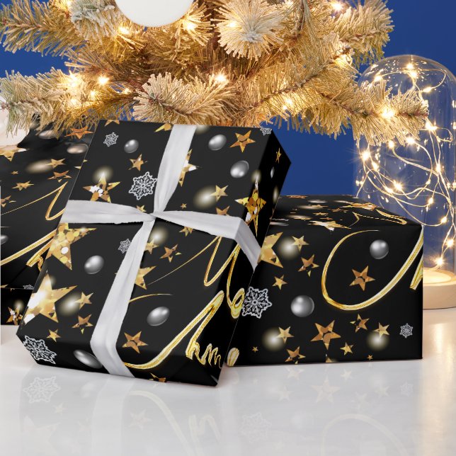 Luxury Black & Gold Stars Metallic Fashion Xmas Wrapping Paper (Holidays)