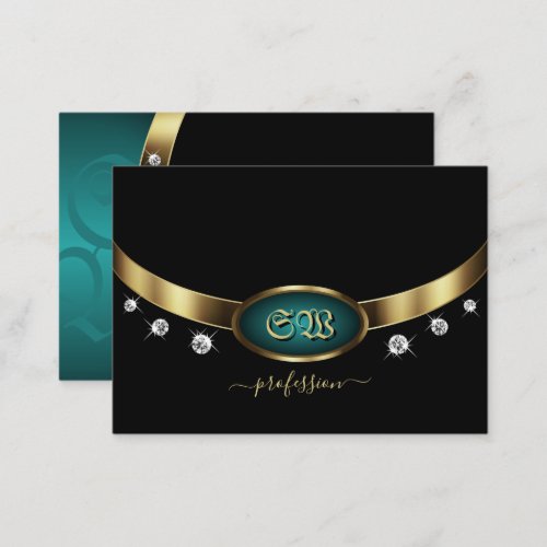 Luxury Black Gold Teal with Initials and Diamonds Business Card