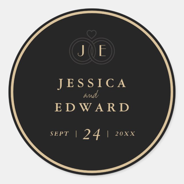 Luxury Black Gold Tied Rings Monogram Wedding Classic Round Sticker (Front)