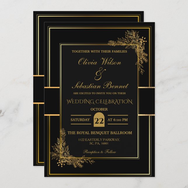 LUXURY BLACK & GOLD WEDDING  INVITATION (Front/Back)