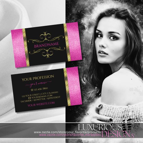 Luxury Black Gold with Pink Glitter Modern Royal Business Card
