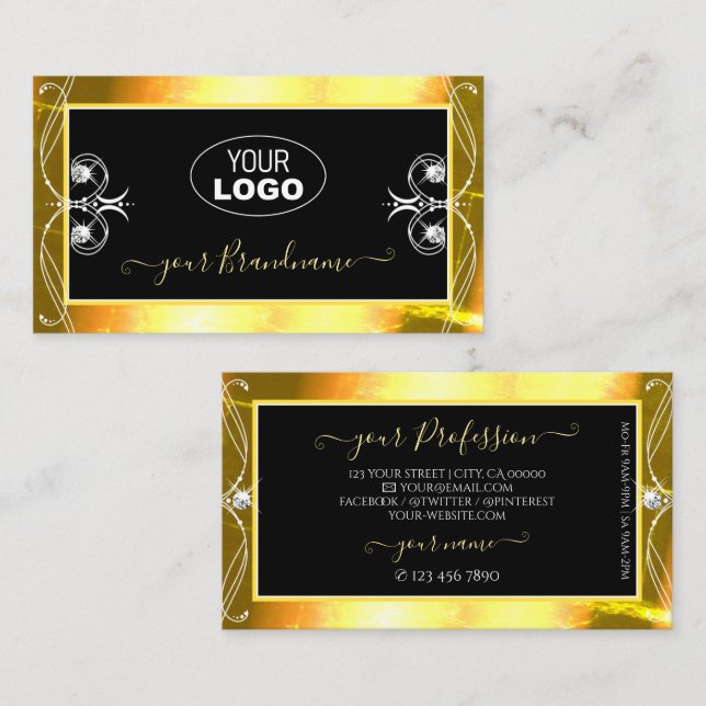 Luxury Black Golden Sparkle Jewels Add Logo Ornate Business Card (Front/Back)