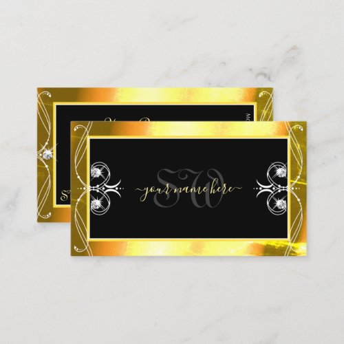 Luxury Black Golden Sparkle Jewels Monogram Ornate Business Card
