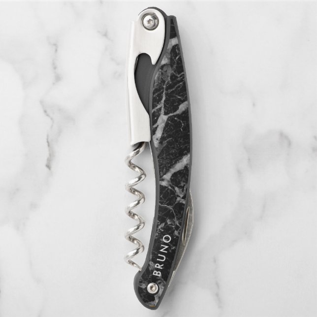 Luxury Black & Gray Faux Marble Monogram Waiter's Corkscrew (Front)