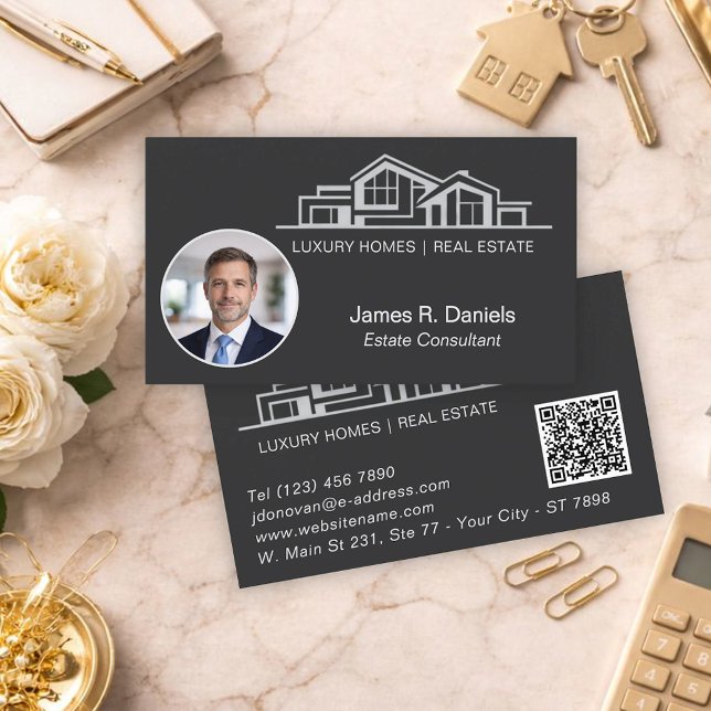 Luxury Black Gray Real Estate Chic Professional Business Card (Creator Uploaded)