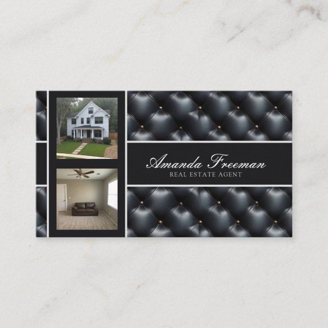 Luxury Black & Grey Padding Pattern Real Estate Business Card (Front)
