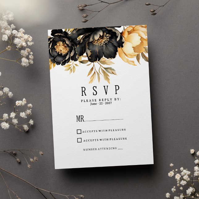 Luxury black ivory gold peony floral RSVP Invitation (Luxury black ivory gold peony floral RSVP )