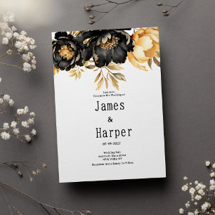 Luxury black ivory gold peony floral Wedding Invitation