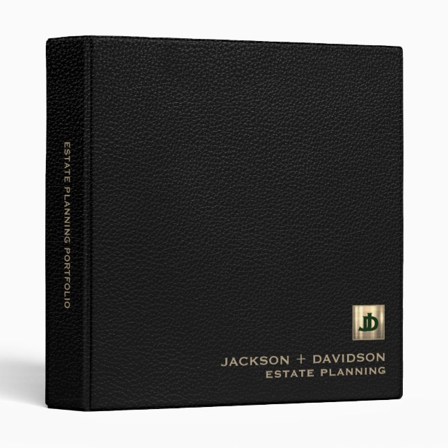 Luxury Black Leather Gold Initials Estate Planning 3 Ring Binder (Front/Spine)