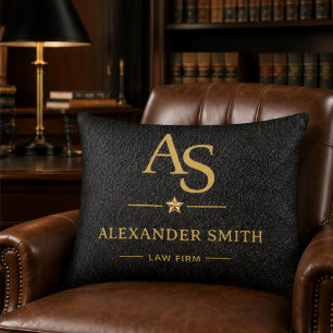 Luxury Black Leather Gold Monogram Business Brand Accent Pillow