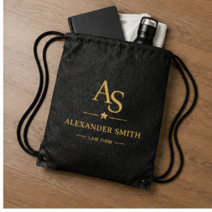 Luxury Black Leather Gold Monogram Business Brand Drawstring Bag