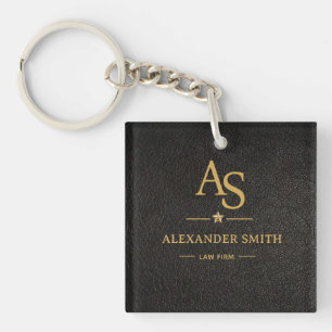 Luxury Black Leather Gold Monogram Business Brand Keychain