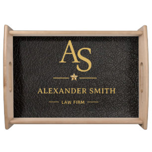 Luxury Black Leather Gold Monogram Business Brand Serving Tray