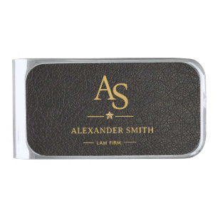 Luxury Black Leather Gold Monogram Business Brand Silver Finish Money Clip