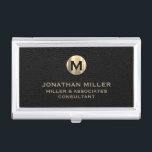 Luxury Black Leather Gold Monogram Business Card Case<br><div class="desc">Elevate your professional look with this stylish and practical business card case. Featuring a brushed monogram medallion with your name company and title in classic block typography, this case is a great way to keep your business cards organized and protected. The black leather print background adds a touch of sophistication,...</div>