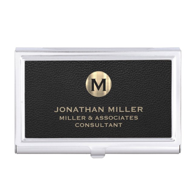 Luxury Black Leather Gold Monogram Business Card Case (Front)