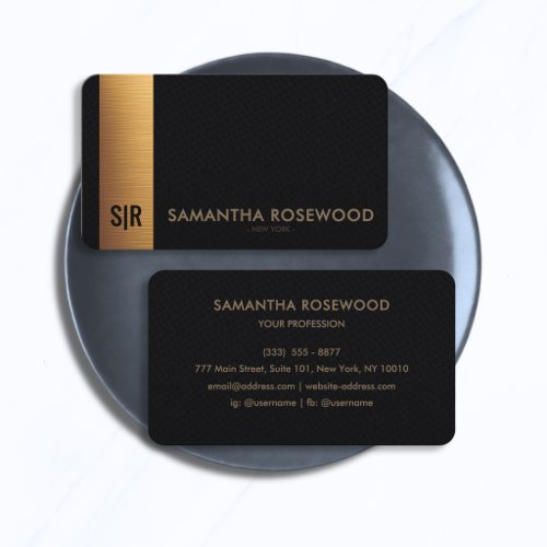 Luxury Black Leather & Gold Panel Monogram  Business Card