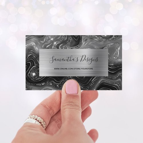Luxury Black Marble Agate Glam Silver Foil Business Card