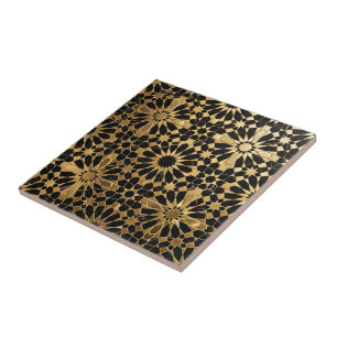 Luxury Black Marble and Gold Moroccan Zellij Ceramic Tile