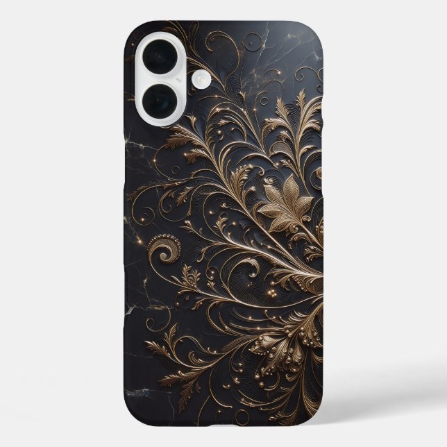 Luxury Black Marble Case - Elegant Gold Filigree  (Back)