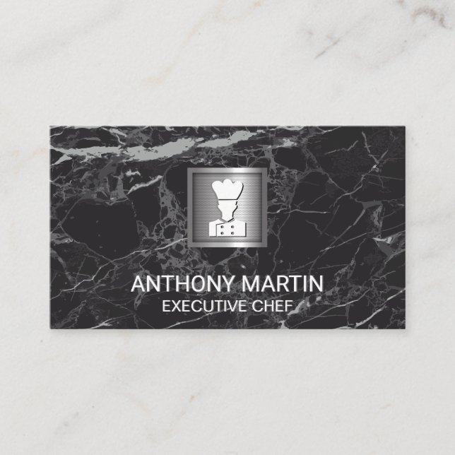 Luxury Black Marble | Chef Icon Metallic Banner Business Card (Front)