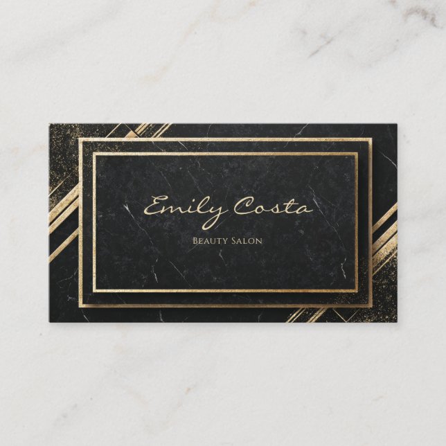 Luxury Black Marble Gold Art Deco Geometric Frame Business Card (Front)