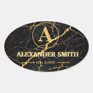 Luxury Black Marble Gold Monogram Business Brand Oval Sticker