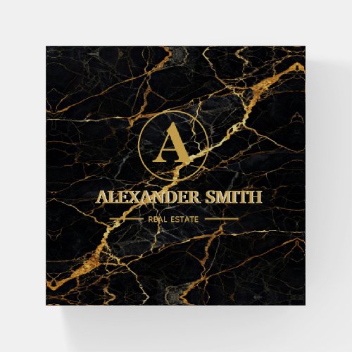 Luxury Black Marble Gold Monogram Business Brand Paperweight