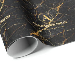 Luxury Black Marble Gold Monogram Business Brand Wrapping Paper