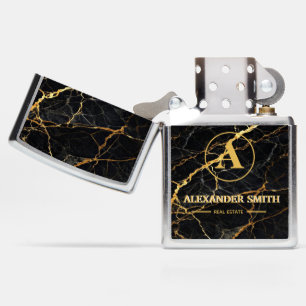 Luxury Black Marble Gold Monogram Business Brand Zippo Lighter