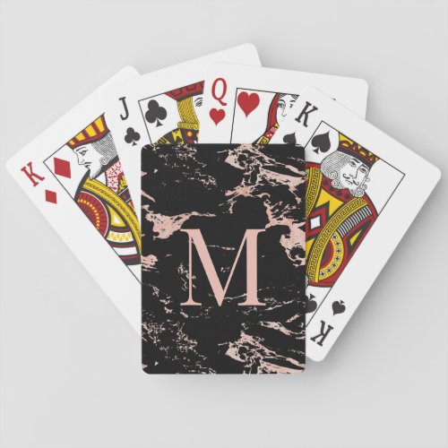 Luxury Black Marble Rose Gold Foil Monogram Poker Cards