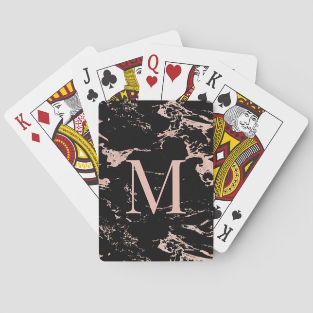 Luxury Black Marble Rose Gold Foil Monogram Poker Cards (Back)