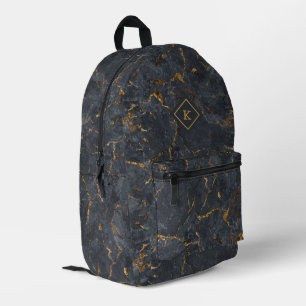Luxury Black Marble with Gold Accent Monogram Printed Backpack