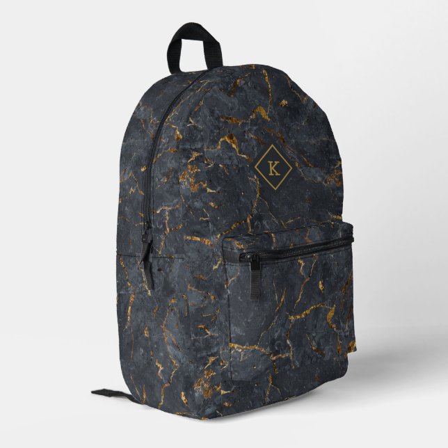 Luxury Black Marble with Gold Accent Monogram Printed Backpack (Back Corner Left)
