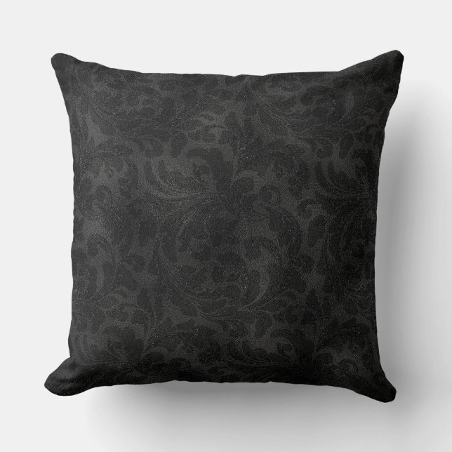 Luxury Black monochromatic Floral Damask Pattern Throw Pillow (Front)