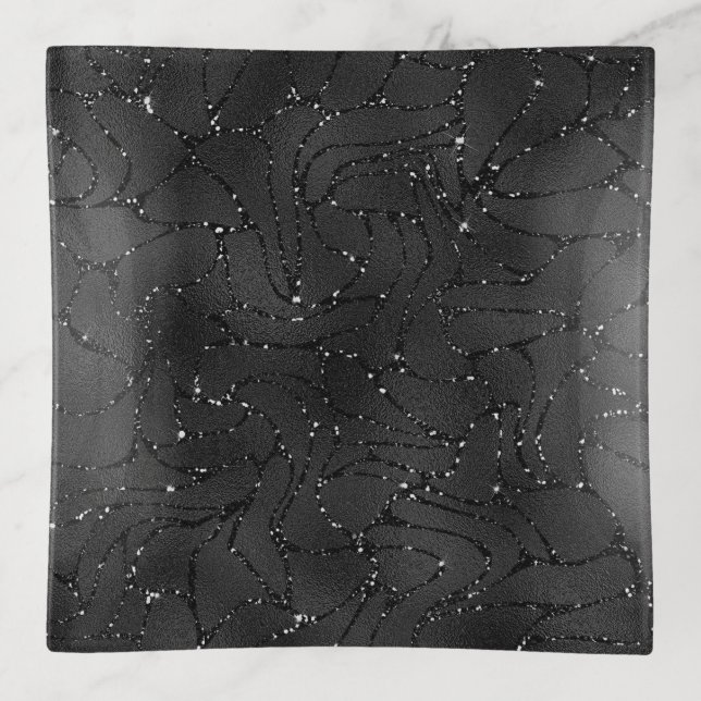 Luxury black monochromatic glittery background trinket tray (Front)