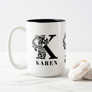 Luxury Black Monogram Letter K Custom Name Two-Tone Coffee Mug